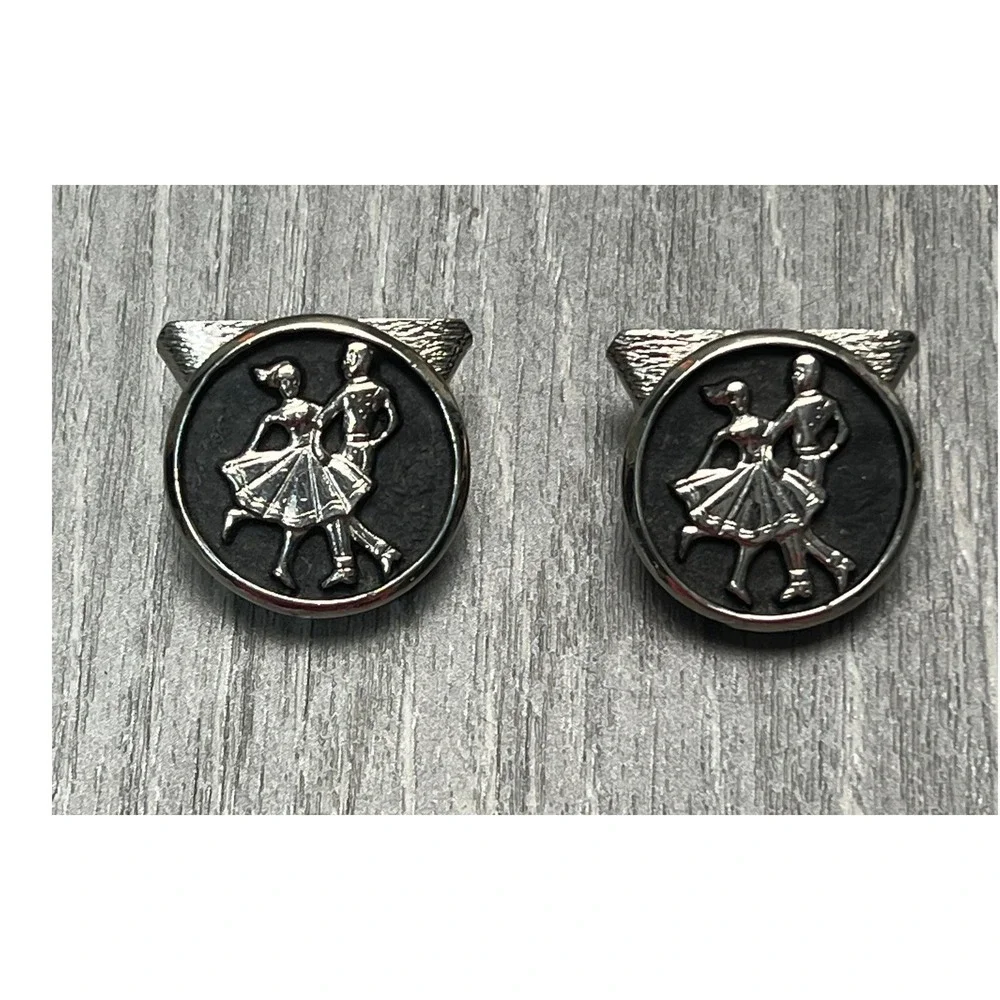 Vintage Square Dance Couple Collar Tips Silver Tone Western Screw Back Accessory